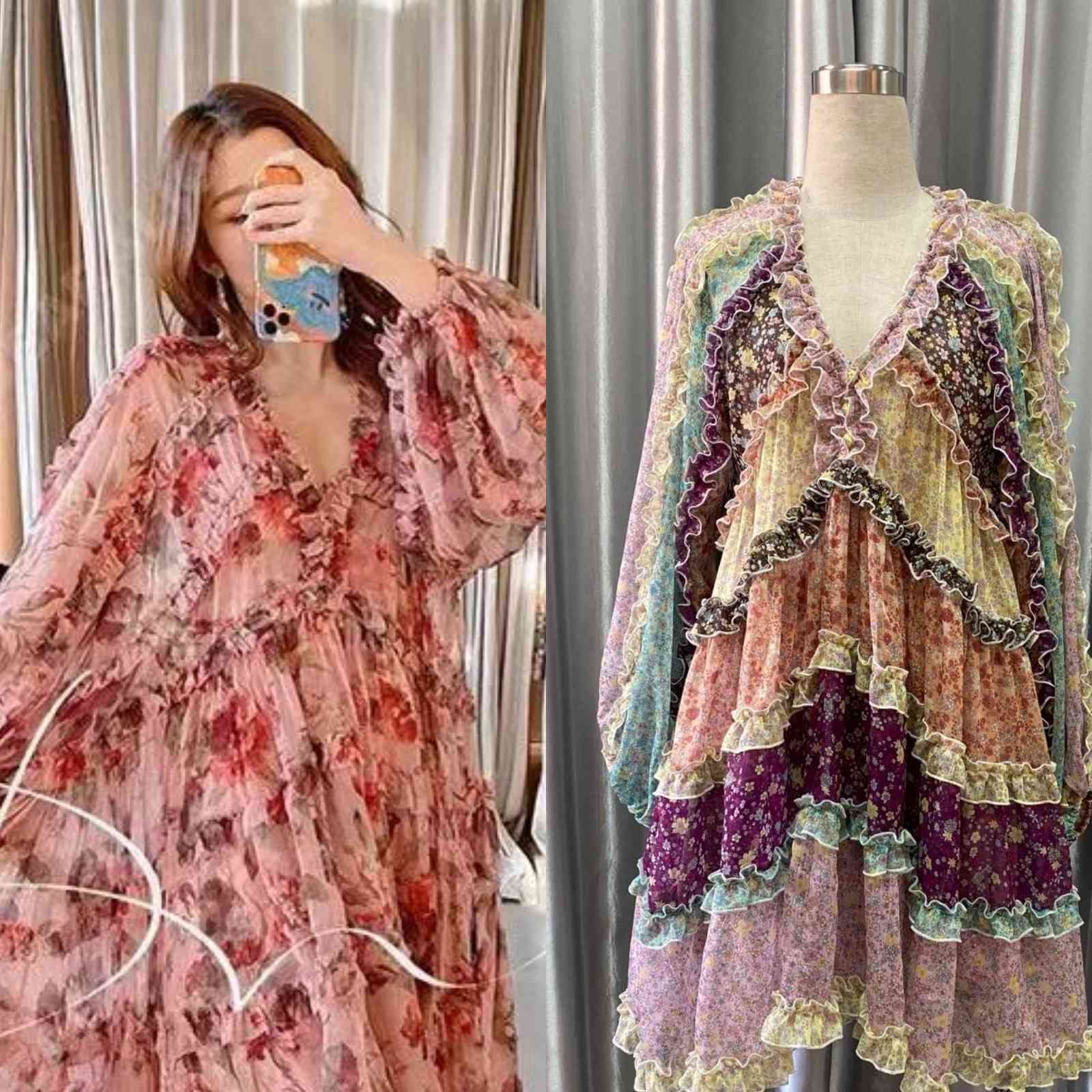 Runway Dresses Australia hit color floral stitching lantern sleeve holiday dress ZIM MAVZ-image-688656289