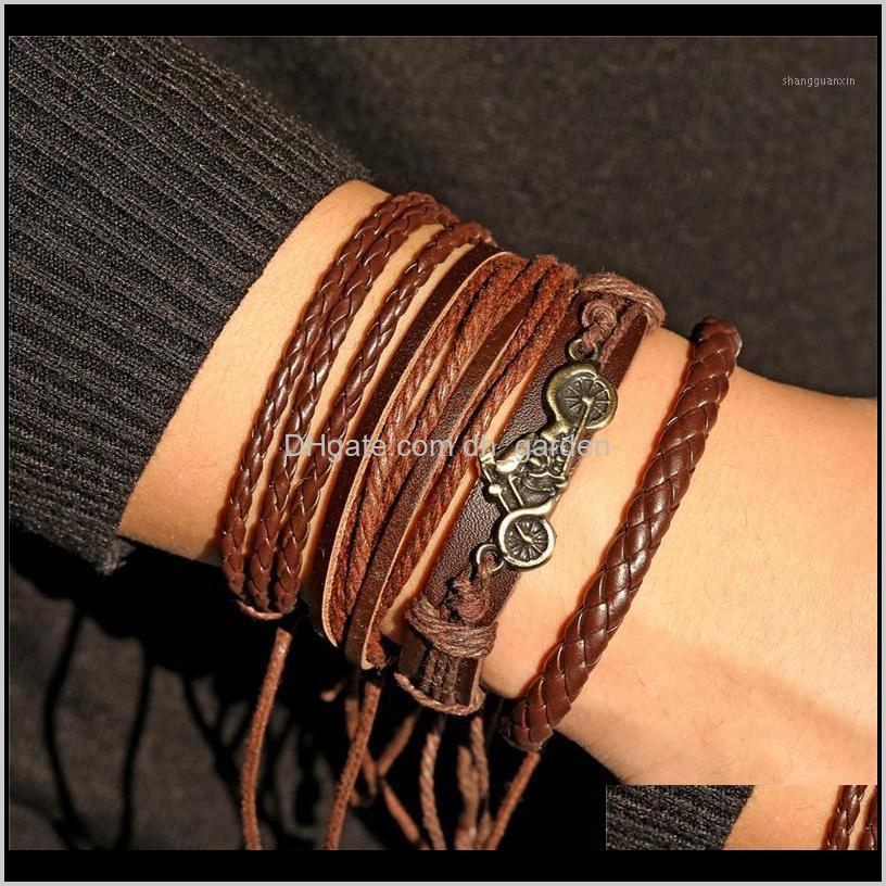 

Charm Bracelets Vintage Motorcycle Jewelry Mtilayer Brown Leather Men Fashion Handmade Braided Rope Bracelet Bangle Women Aessories1 Drop De