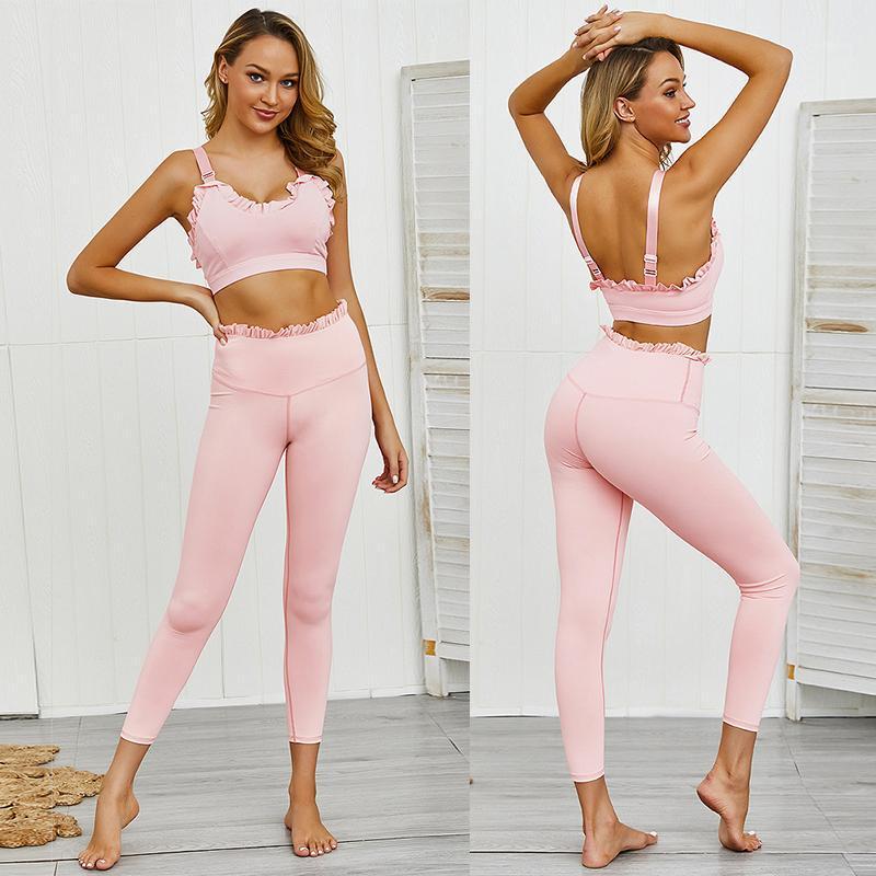 

Ruffle Women Seamless Yoga Set Female Fitness Sport Suit Gym 2 Pcs Sports Workout Running Wear Outfit, Black