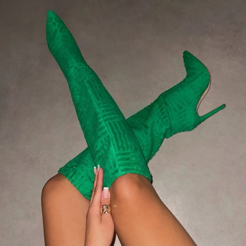 

Women Knitted woolen Knee High Boots Sexy Pointed Toe Stiletto Highs Heels Shoes Woman Solid color Green Boots Chaussure Femme, Fuchsia
