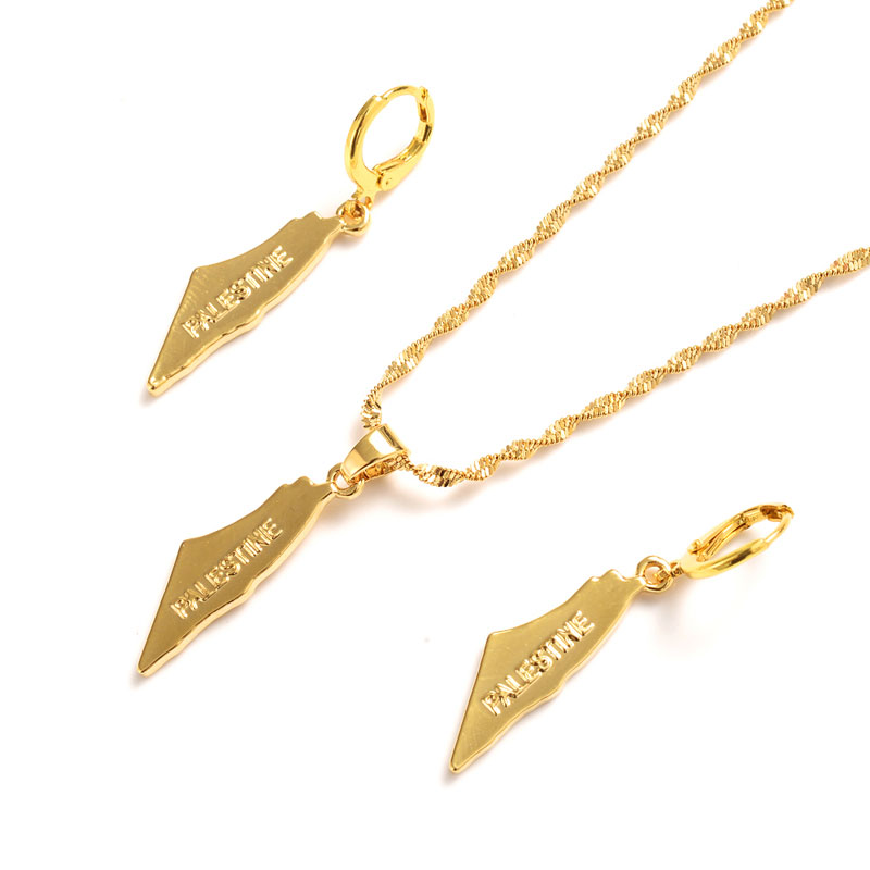 9 k Fine Solid Yellow THAI BAHT G/F Gold Pendant Earrings Palestine map Necklace Patriot Honour Charms party Chain Women Jewelry-image-699110944