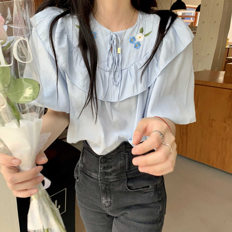 

LY VAREY LIN Summer Women Sweet Peter Pan Collar Embroidery Chiffon Shirts Casual Puff Sleeve Lace-up Office Lady Short Tops 210526, White