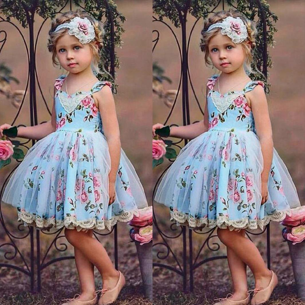 

40 toddler girl floral print dresses flying sleeve lace tulle princess party pageant wedding baby clothing, Red;yellow