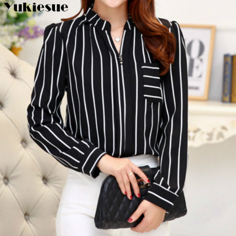 

summer striped white shirt blouse for women blusas womens tops and blouses chiffon long sleeve shirts woman top plus size 210519, Black