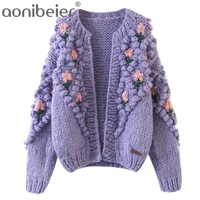 

Embroidery Knitted Sweater Women Cardigan Befree Flower Pull Femme Hiver Leisure Time Coat Truien Dames Autumn 210604, Purple