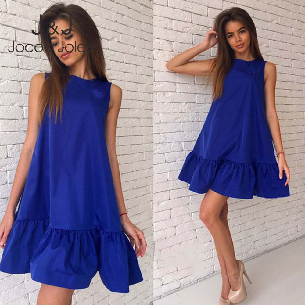 

Jocoo Jolee Women Casual Sleeveless Ruffled Loose Mini Dress Summer Solid Beach Chiffon Dress Elegant Vestidos Clothing 210518, Blue