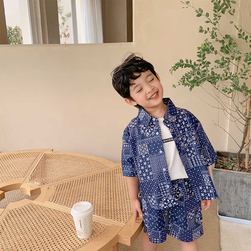 

Boys summer cool vacation style suit short sleeve shirts and shorts 2pcs set kids casual loose thin clothes 210615, Blue