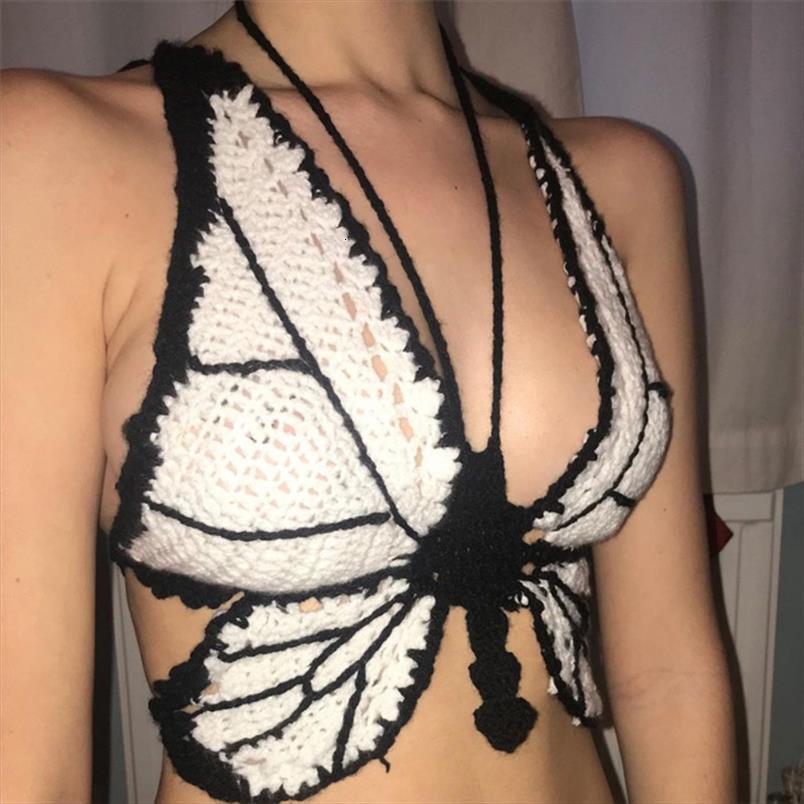 

butterfly knitted womens cami crop deep v neck hollow out corset summer streetwear backless bandage camis, White