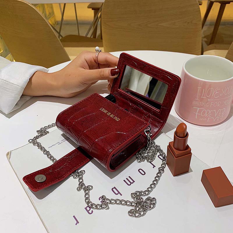 

Wholesale factory ladies leathers shoulder bags will carry makeup mirror mini lipstick chain bag sweet stone leather wallet street personality coin purse, Red(boutique box)