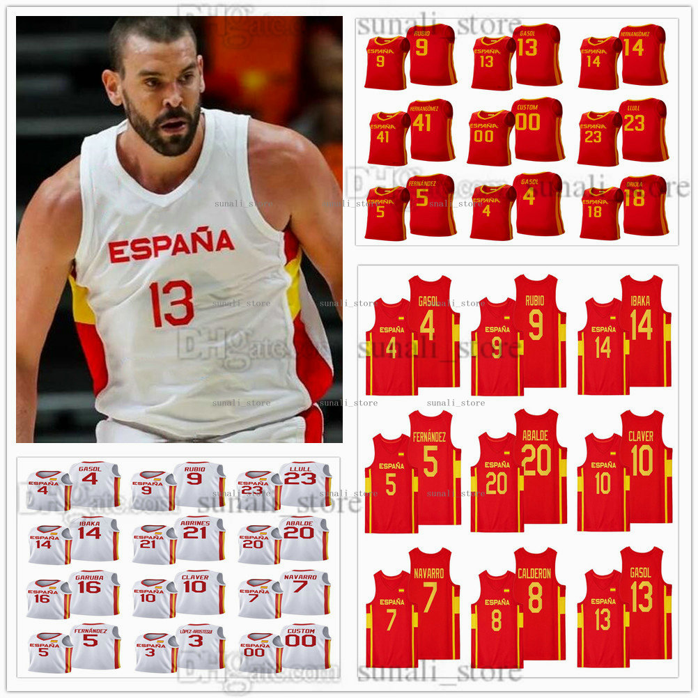 

Spain Basketball Jerseys Pau Gasol Ricky Rubio Alex Abrines Sergio Llull Victor Claver Willy Hernangomez Usman Garuba Alberto Abalde Dario Brizuela López-Arostegui, Men white
