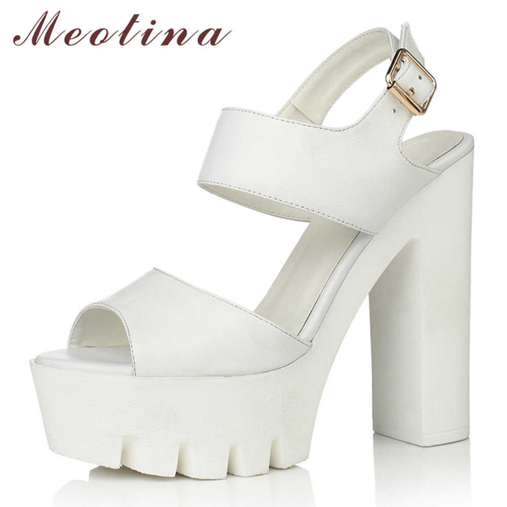 

Meotina Summer Shoes Women Sandals Natural Genuine Leather Platform Wedge Heel Shoes Buckle Extreme High Heel Sandals Lady 34-39 210608, Black