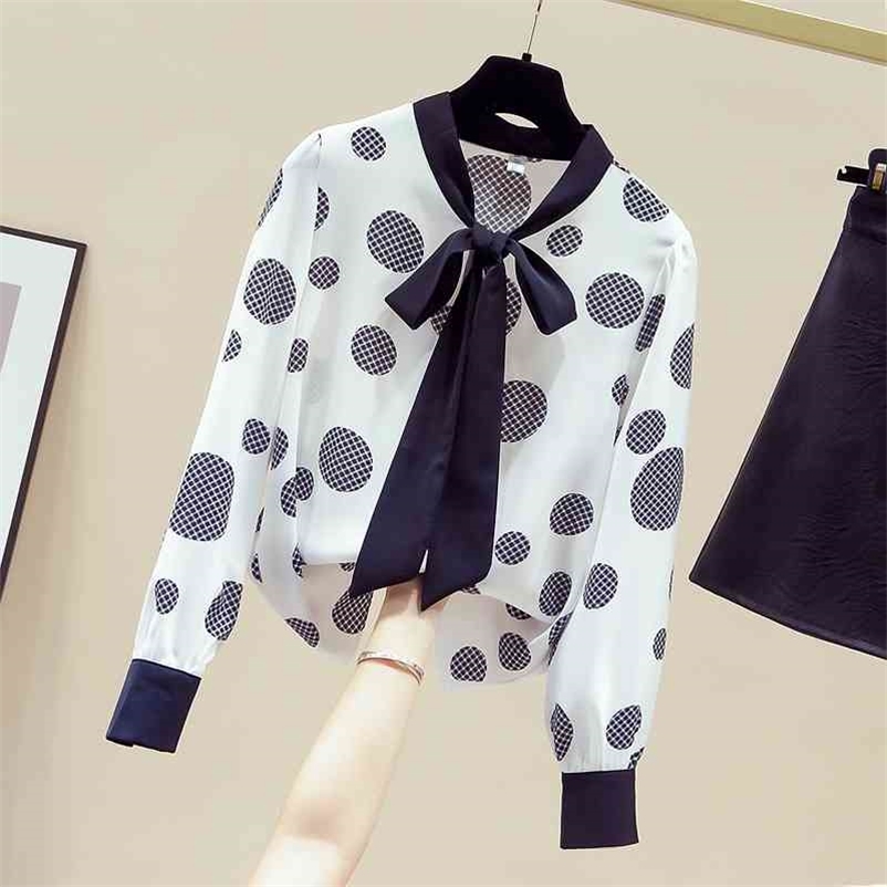 

Autumn Women's Bow Collar Long Sleeves Polka Dot Chiffon Shirts Girls Ladies Shirt Blouse Tops A4075 210519, White