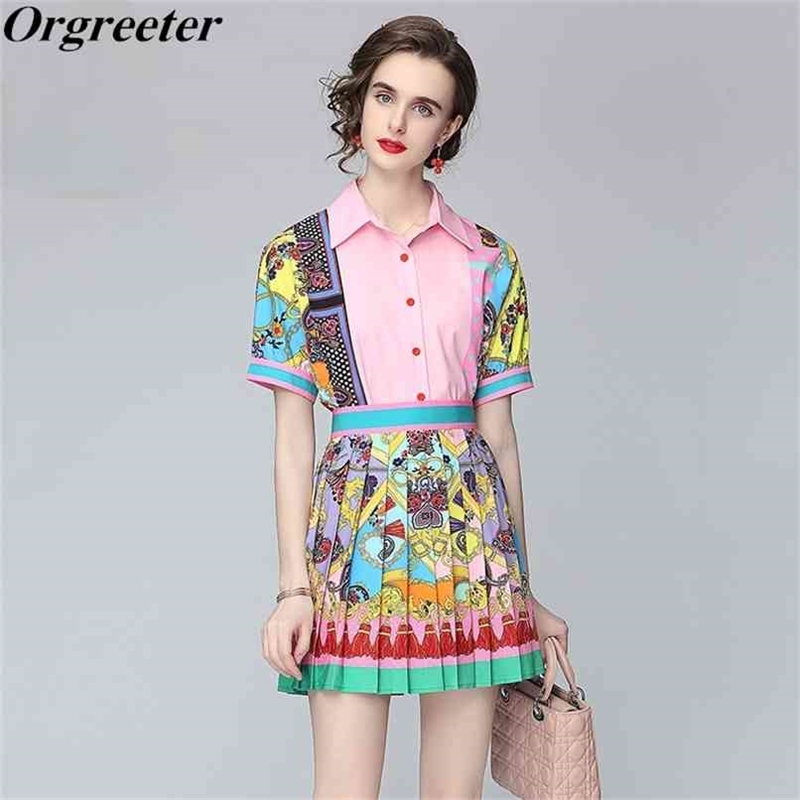 

Summer Exquisite retro printing Short Sleeve Shirt Two piece set Women High waist Pleated A-line Mini Skirts Suits 210602, Pink