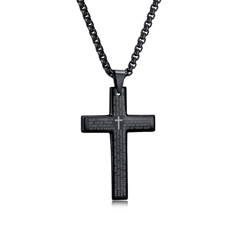 Pendant Necklaces Bible Cross Necklace For Men Boy Scripture 24Inch Chain Link Religious Male Jewelry-image-706701611
