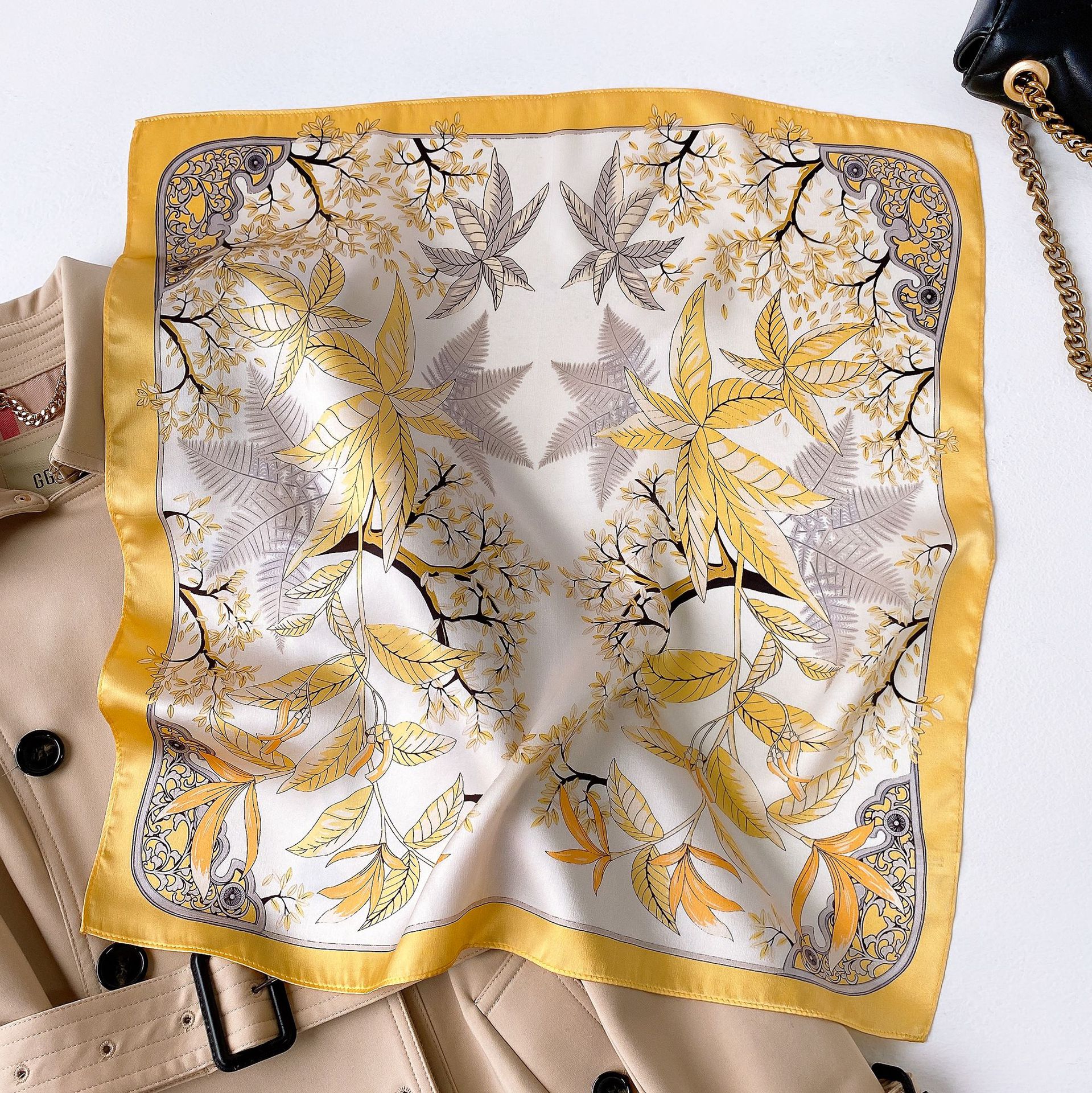 

New Silk Scarf Small Scarf Female Mulberry Silk Floral Printing Popular Small Square Towel Hair Band Tied Gro-Bag Scarf No. 5