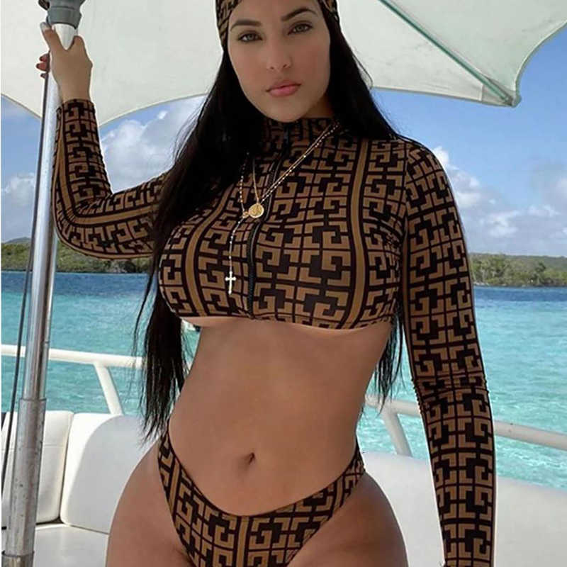 

Swimwear 3 Piece Sunkini Set Geometric Print Bikini Plus Size Women Bandana Zipper Swimwear Split Bathing Suit Swimsuit, Khaki