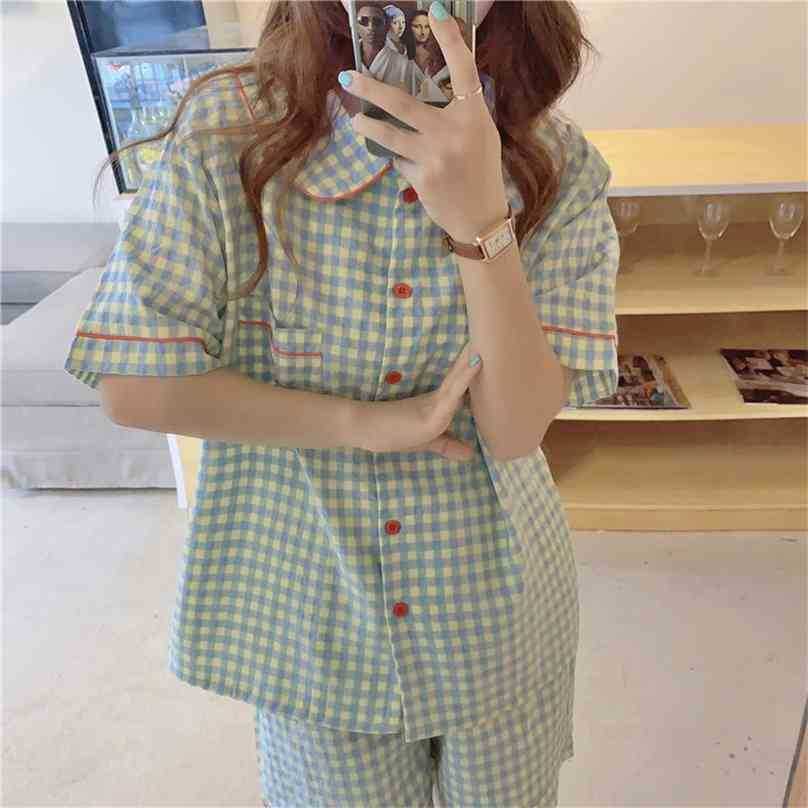 

Sleepwear All Match Loose Sweet Homewear Summer Geometric Chic Plaid Nightwear Women Girls Pajamas Sets 210525, Blueyellow