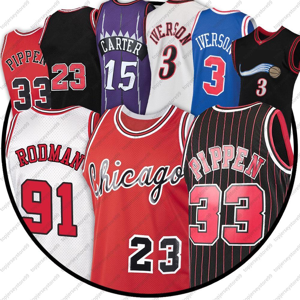 

Vintage 33 Scottie 91 Dennis Pippen 23 MJ Jersey Rodman 15 Vince Iverson Carter 3 Allen NCAA Basketball Jerseys 100% Stitched Size S-2XL, Men1
