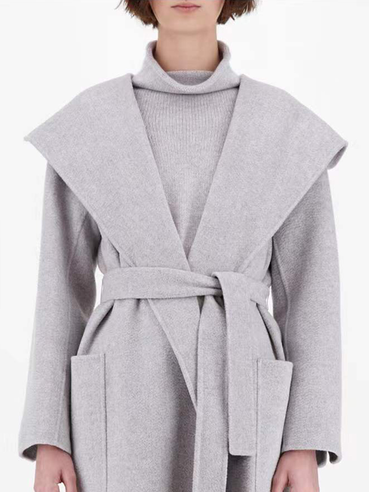 

Original Luxury Brand Woman Winter Wool and Cashmere Blended Hooded Coat Highend Female Long Water Wave Solid Trench Coat Double Breast with Belt Clothes, Ivory