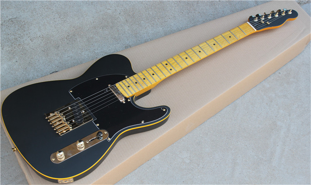 

Top Quality Custom Shop Matte Black Telecaster Electric Guitar Basswood Body Yellow Binding Vintage Maple Fingerboard Dot Inlay Golden Hardware