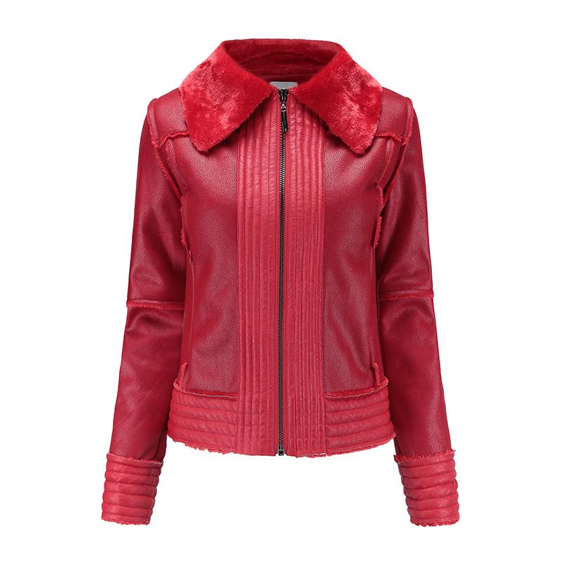 

Women's Leather & Faux Autumn Jacket Fur One Red Lapel Fashion Warm Slim Slimming Wild Tide Street Trend Wind Ins, Black