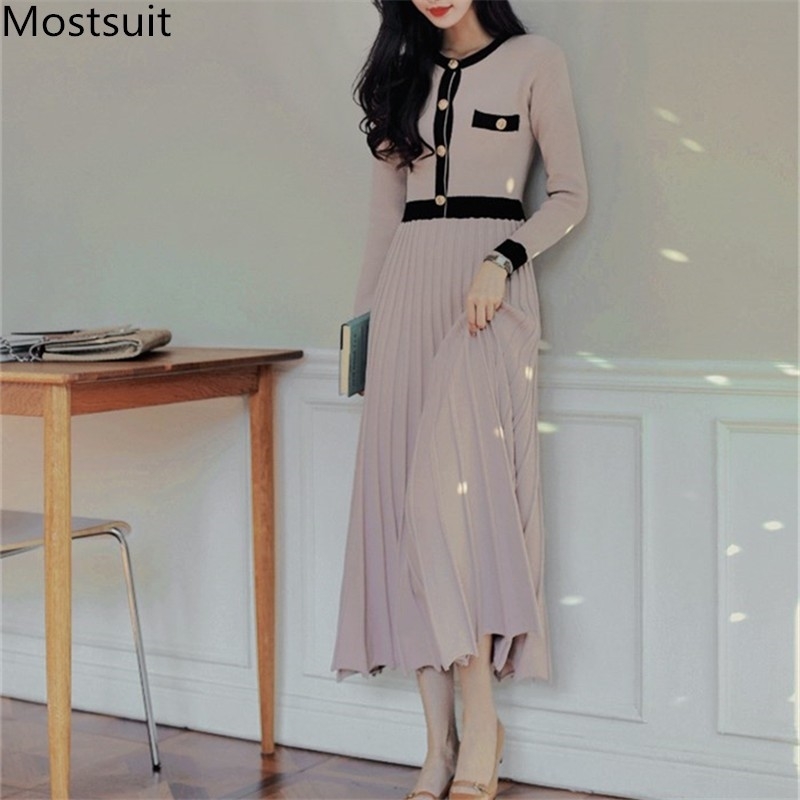 

Autumn Korean Knitted Women Long Pleated Dress Sleeve Single-breasted A-line Dresses Elegant Ladies Vestidos 210518, White