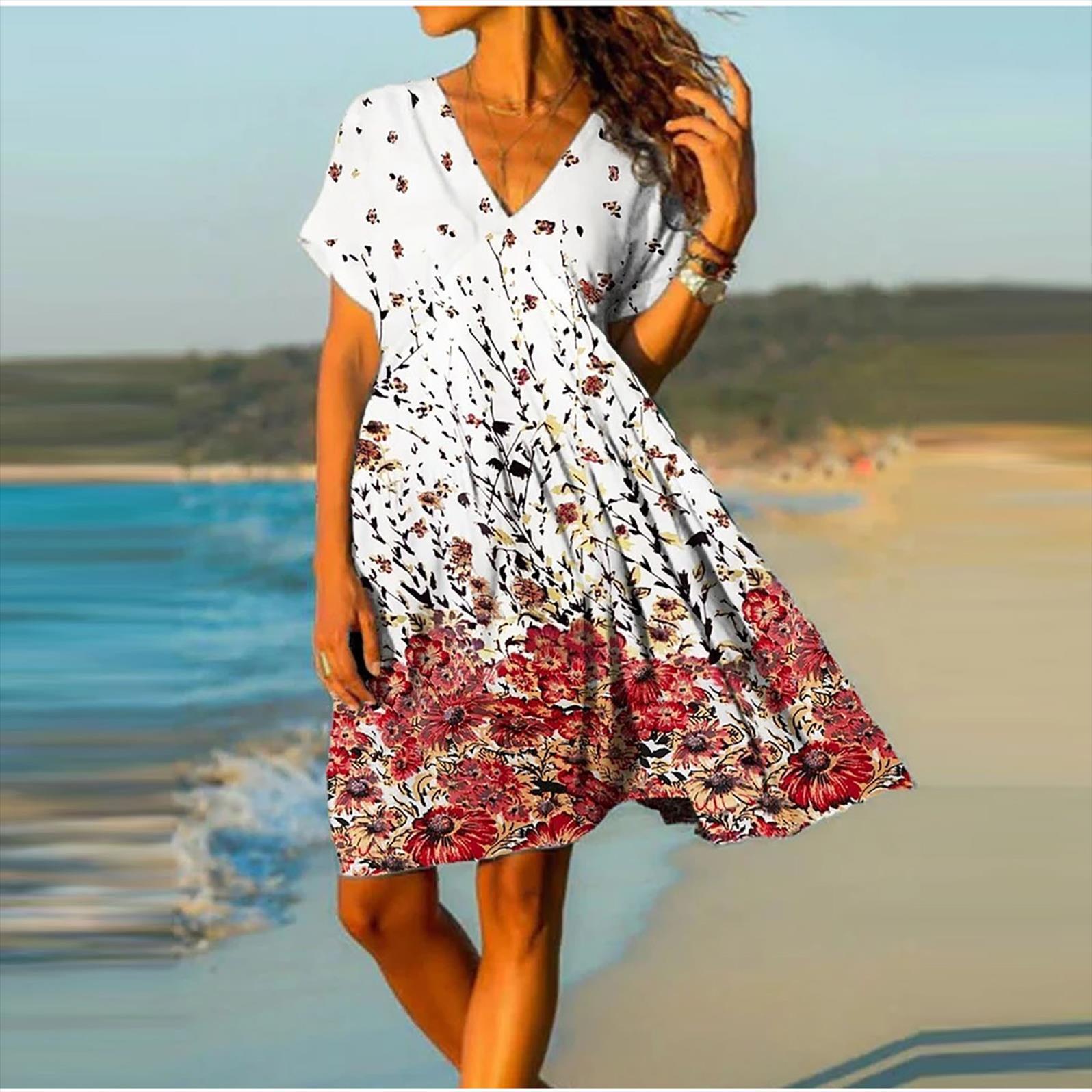 

summer fashion printed womens dresses v neck short sleeve casual plus size women clothing dailyt, Black;gray