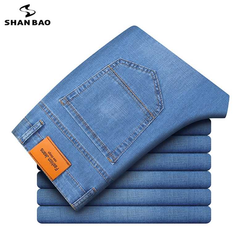 

SHAN BAO Straight Loose Lightweight Stretch Jeans Summer Classic Style Business Casual Young Men's Thin Denim 211108, Light blue