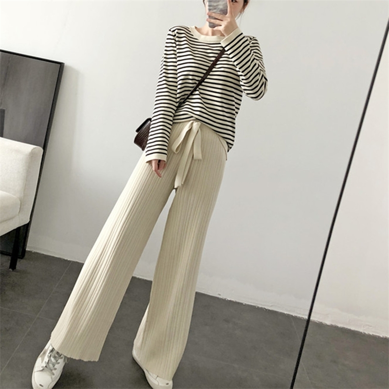 

Women Stripe Sweater Two Piece knitted Sets Knit Tracksuit Chic Pullover Crewneck Long Sleeve Top Wide Leg Pants 210520, Photo color