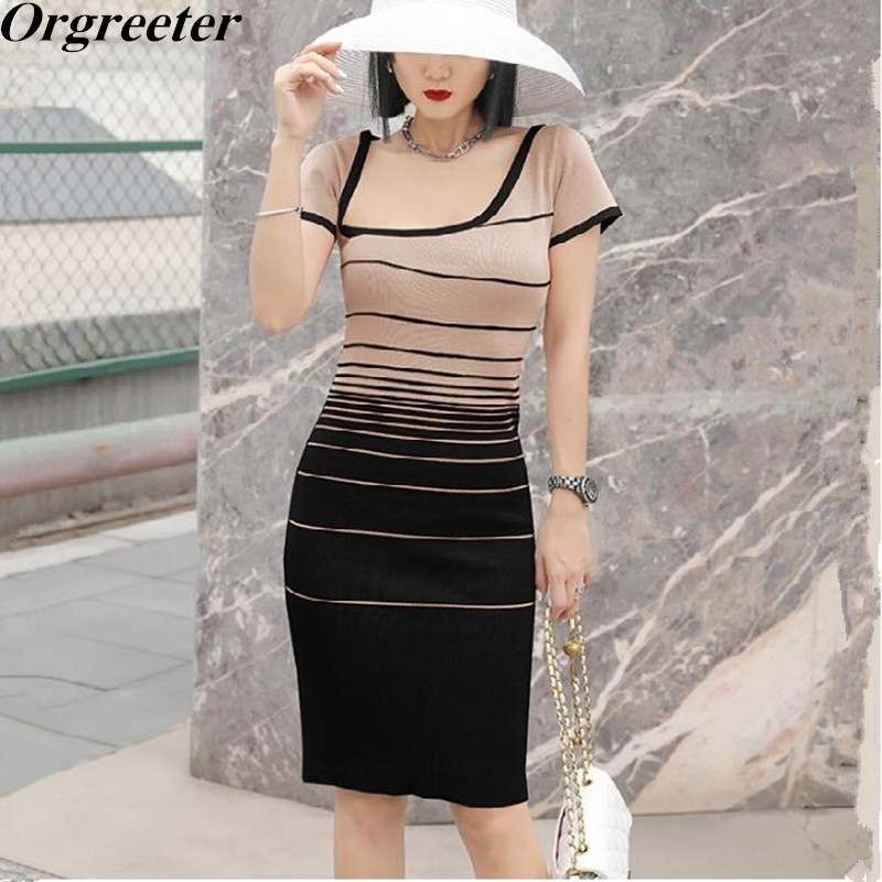 

Elegant Diagonal Shoulders Gradient Knit Dress for Women Summer Short Sleeve Contrast color Striped Bodycon Mini 210525, White