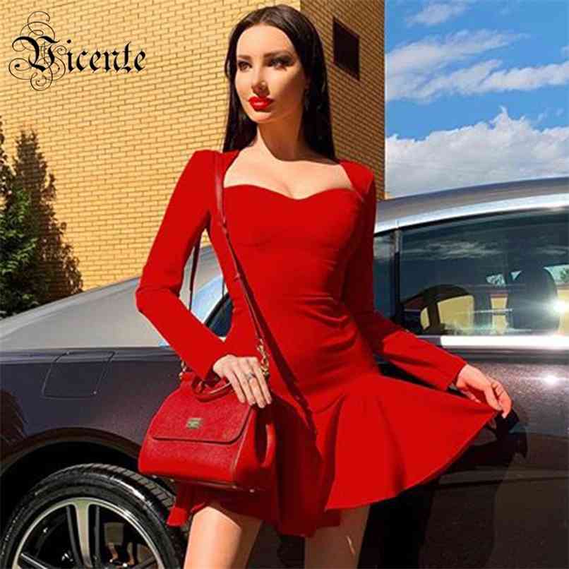 

Trendy Red Mini Dress Ruffles Design Long Sleeves Square Collar Celebrity Party Bandage Vestido 210520