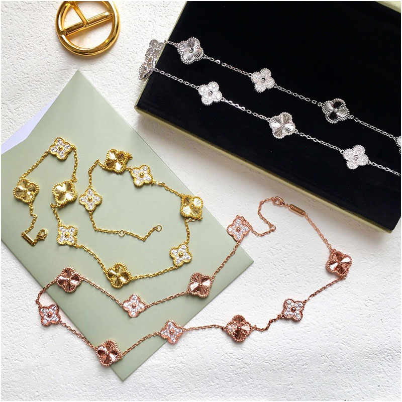 

45CM-Fashion 4/Four Leaf Clover Flower Long 10 Flowers Pendant Necklace Plated 18K Gold Sliver for Women&Girls Valentine's Mother', Silver