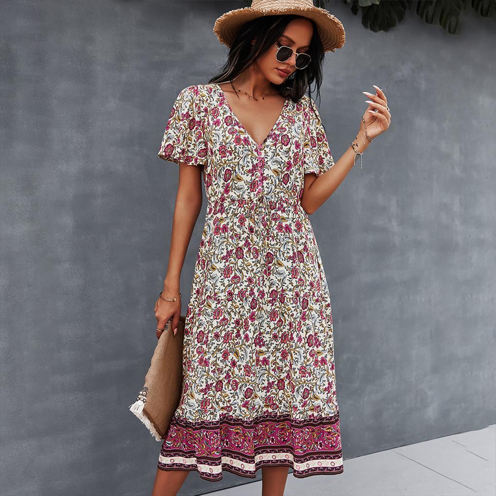 

deep v neck summer beach womens dresses boho floral print vintage button women casual loose a line midi long elegant, Black;gray