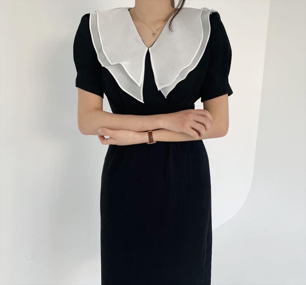 

organza lapel summer ol women dress elegant vintage short sleeve slim office black party dresses vestidos, Black;gray