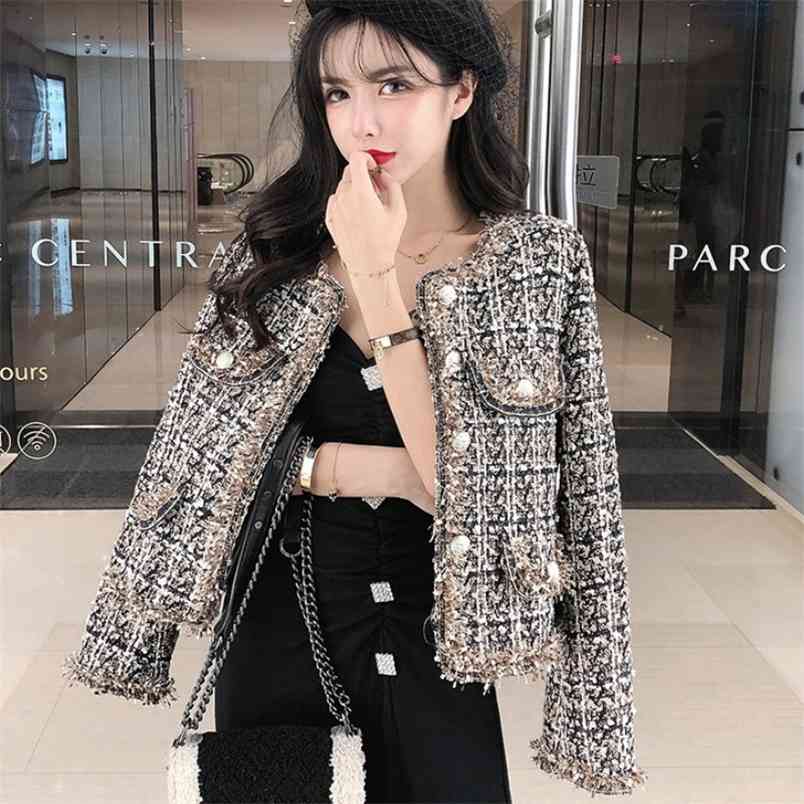 

Autumn Winter Women Small Fragrance Vintage Plaid Tweed Jacket Coat Korean Elegant Long Sleeve Slim Short Outerwear 210519, Photo color