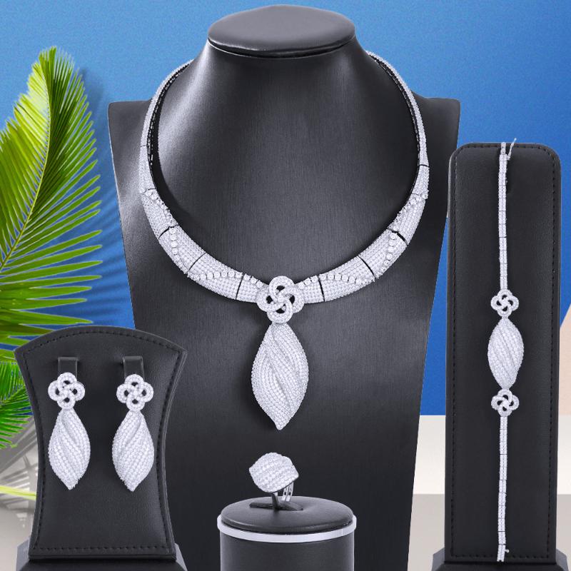 

Earrings & Necklace Soramoore Luxury Africa Charm CZ 4PCS Bracelet Ring For Women Party Zircon Lady Bridal Wedding Jewelry Sets, Silver