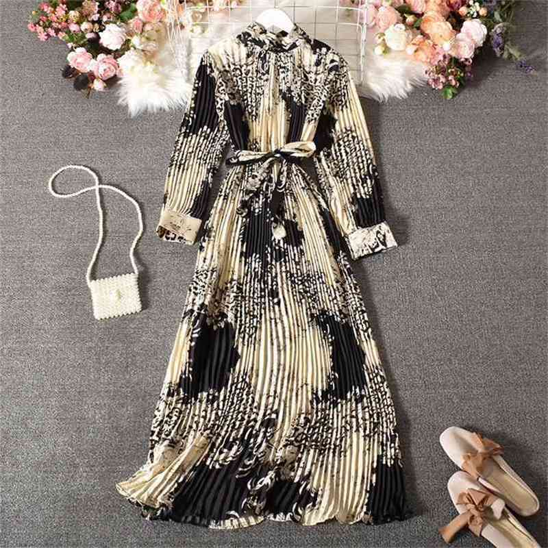 

Vintage Long Dress Full Sleeve Spring Fall Loose A-Line Printed Leopard Pleated Women Elegant Robe y1470 210701, Floral