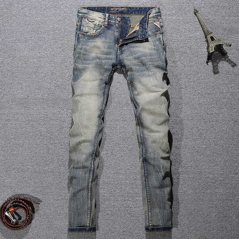

Italian Style Fashion Men Jeans Elastic Cotton Distred Retro Yellow Blue Slim Ripped Vintage Designer Denim Pants