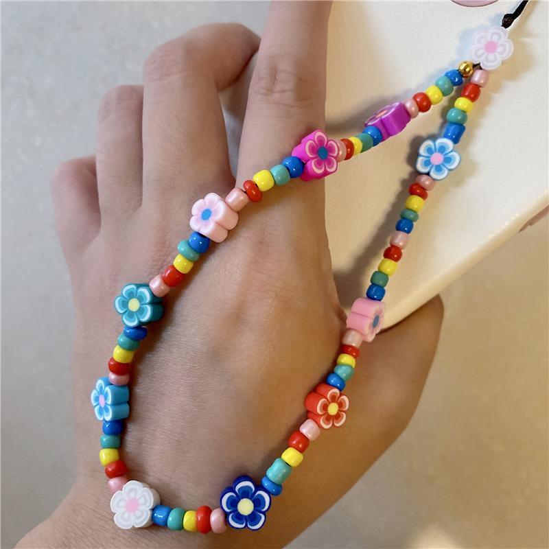 

Beaded, Strands Cute Rainbow Flower Acrylic Bead Mobile Phone Chain Universal Bracelet Cell Necklace Strap Lanyard For Women Lady Gift