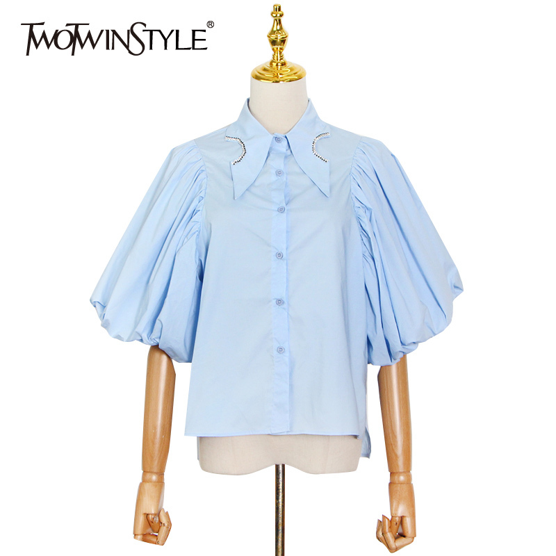 

Blue Casual Shirts For Women Lapel Puff Short Sleeve Patchwork Diamond Slim Blouses Female Summer Fashion 210524, White