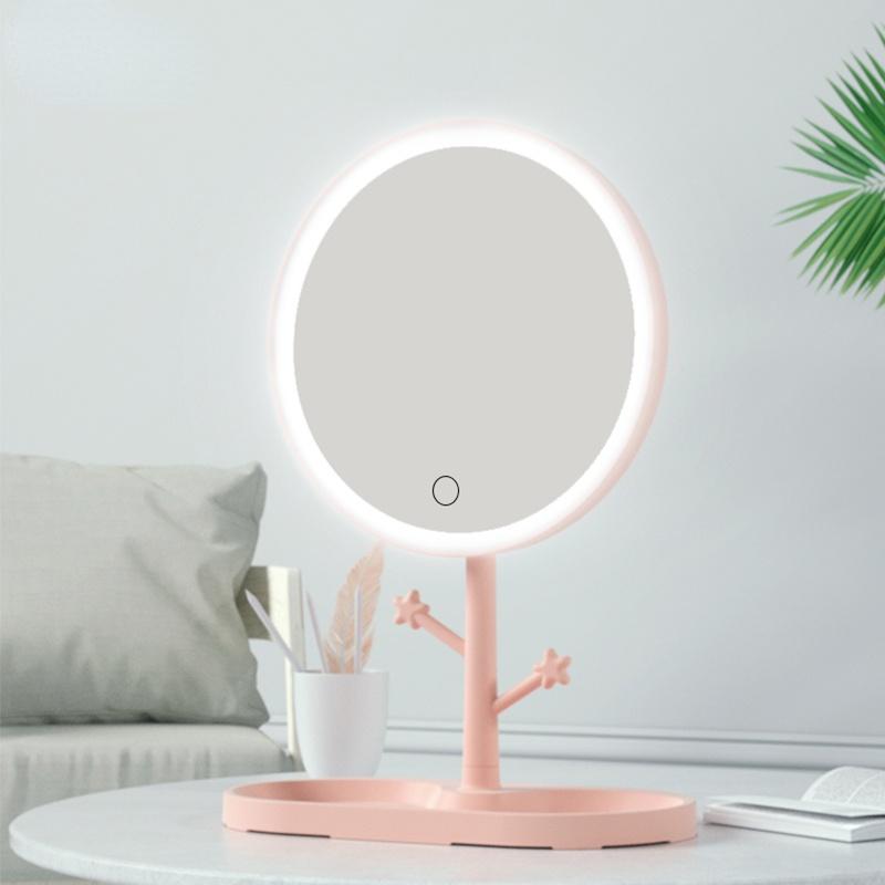 

Compact Mirrors LED Makeup Mirror With Light Ladies Storage Lamp Desktop Rotating Vanity Round Shape For Bedroom Cosmetic