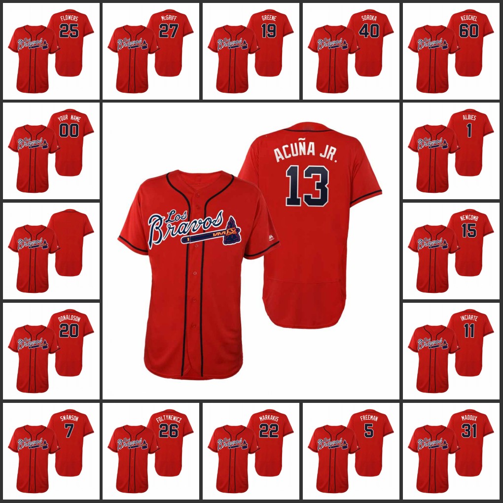 

AtlantaBraves #22 Nick Markakis 5 Freddie Freeman 13 Ronald Acuna Jr. Men Women Youth Hispanic Heritage Flex Base Custom Jersey, 11