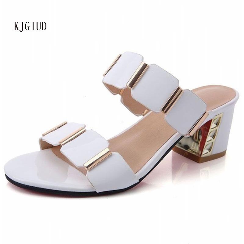 

Slippers 2021 Ladies Summer Fashion Women's Versatile With Patent Leather Thick A Word Drag Female Sandals And, Black