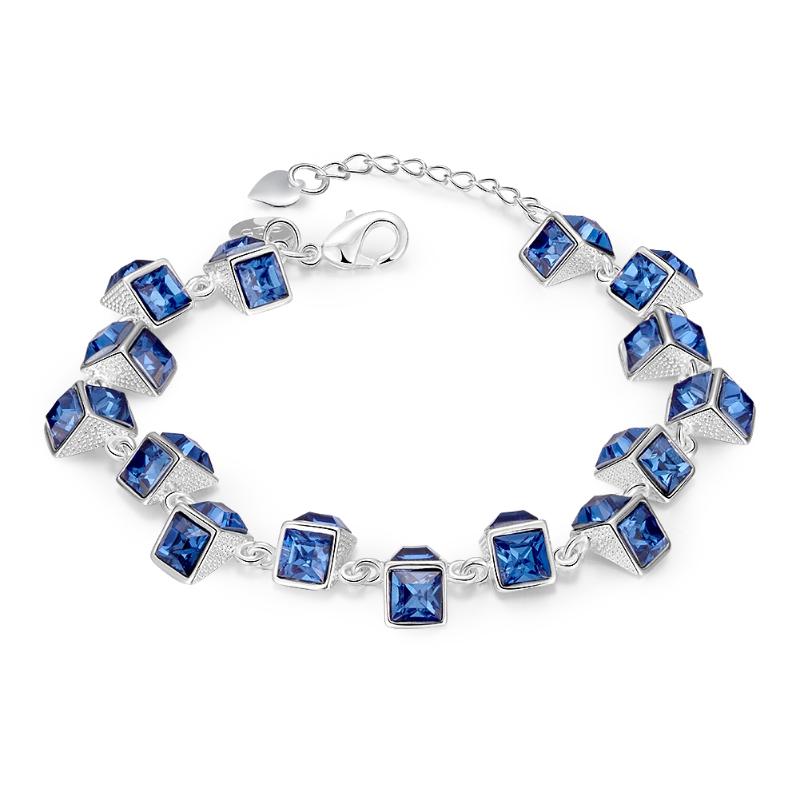 Charm Bracelets Blue Crystal Zircon Sterling Silver Bracelet 925 Lobster Buckle Simple Women&#039;s Jewelry Lucky-image-704328336