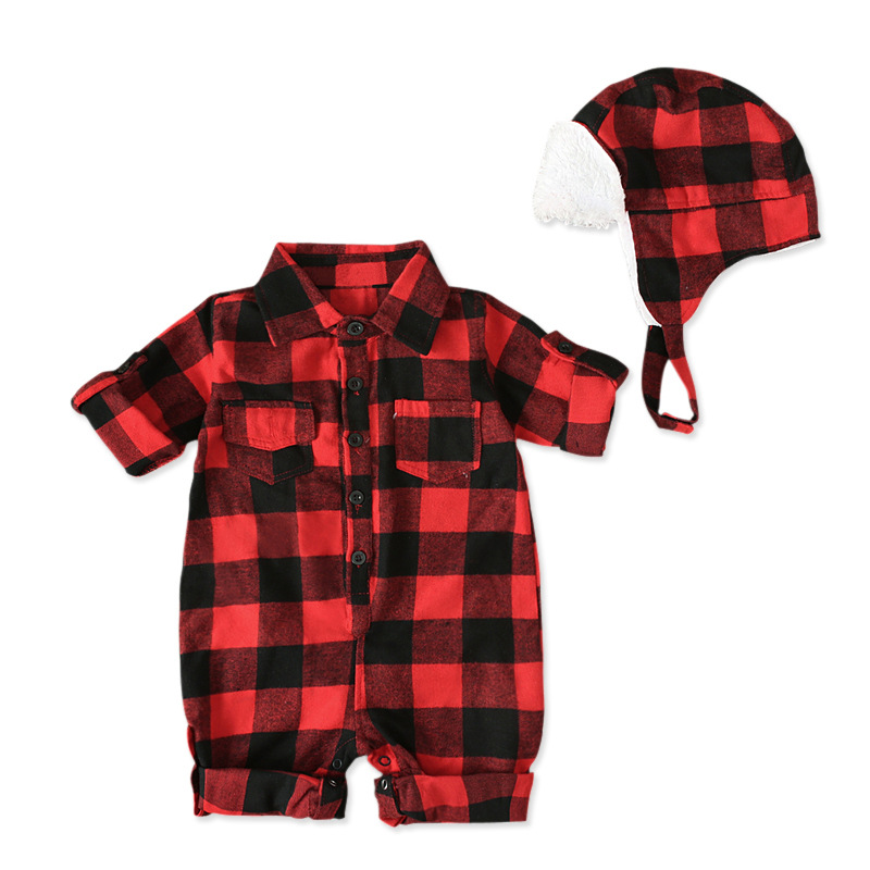 

Autumn Baby boys red plaid long sleeve cotton rompers hat fashion gentleman jumpers infant overalls newborns clothes 903 V2