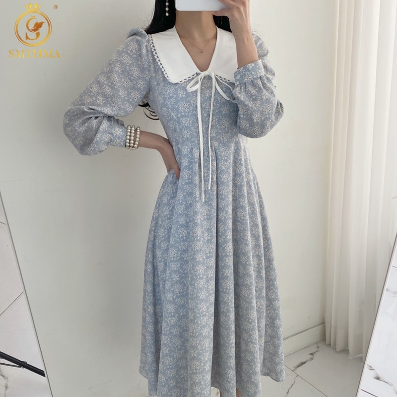 

Women Spring Floral Long Dress Turn Down Collar Bowknot Midi Dresses Female Full Sleeve Loose Holiday Beach Vestidos 210520, Picture color