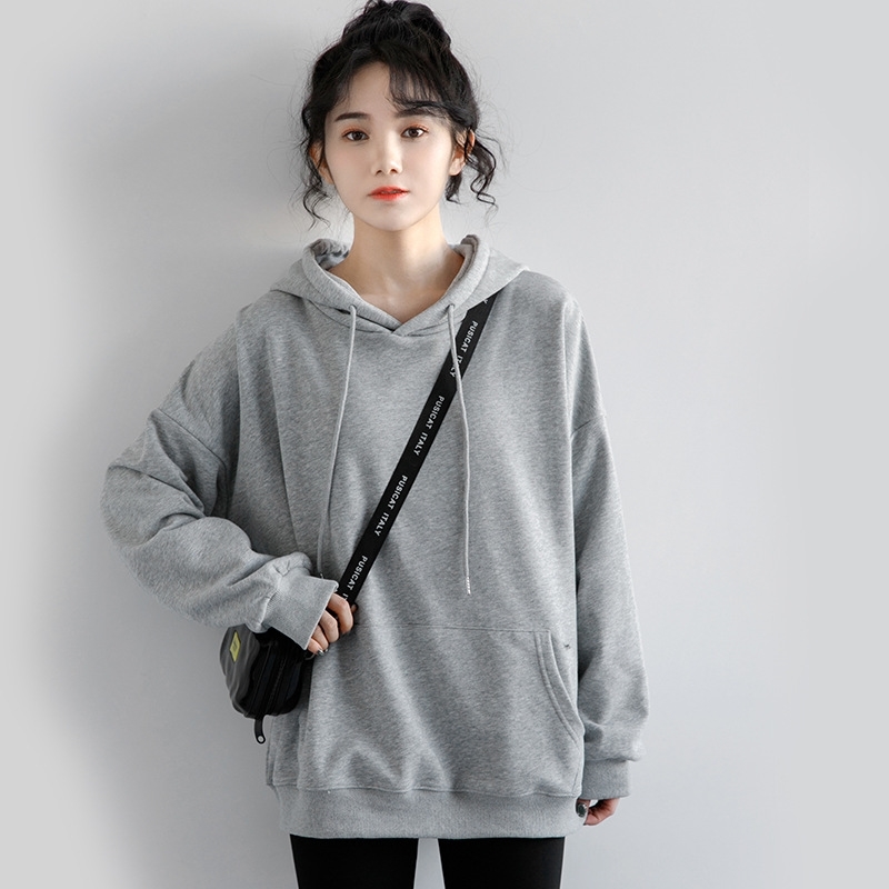 

2021 new solid color women's 300g thin Korean loose Pullover Hooded spring and autumn long sleeve top, Round neck;black
