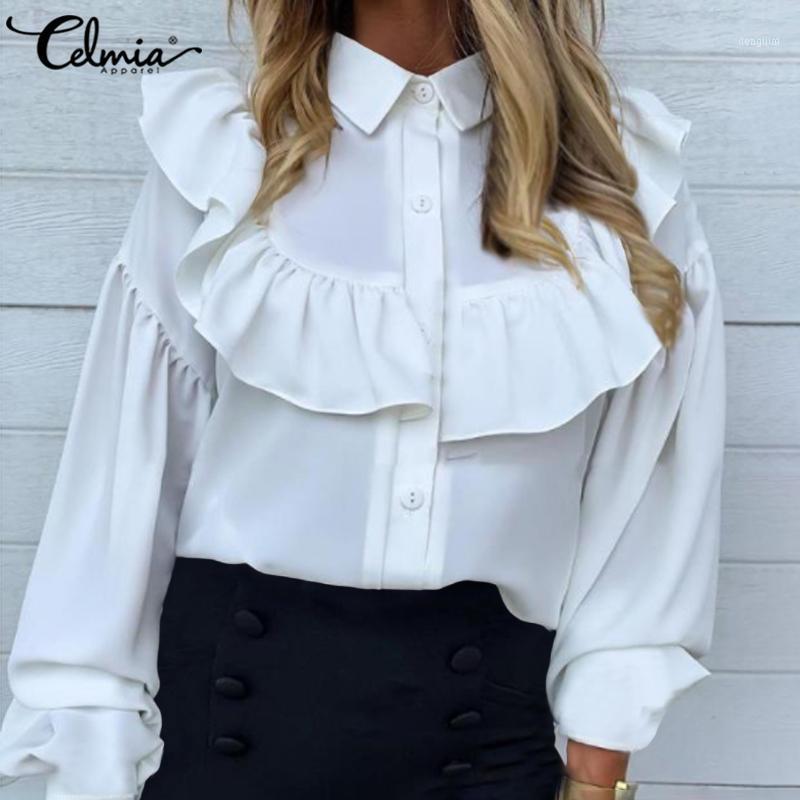 

Celmia Fashion Women Elegant Ruffles Blouse Casual Lantern Sleeve Loose Lapel Solid Tops Office Work Shirt Femme Plus Size Blusa1, Black