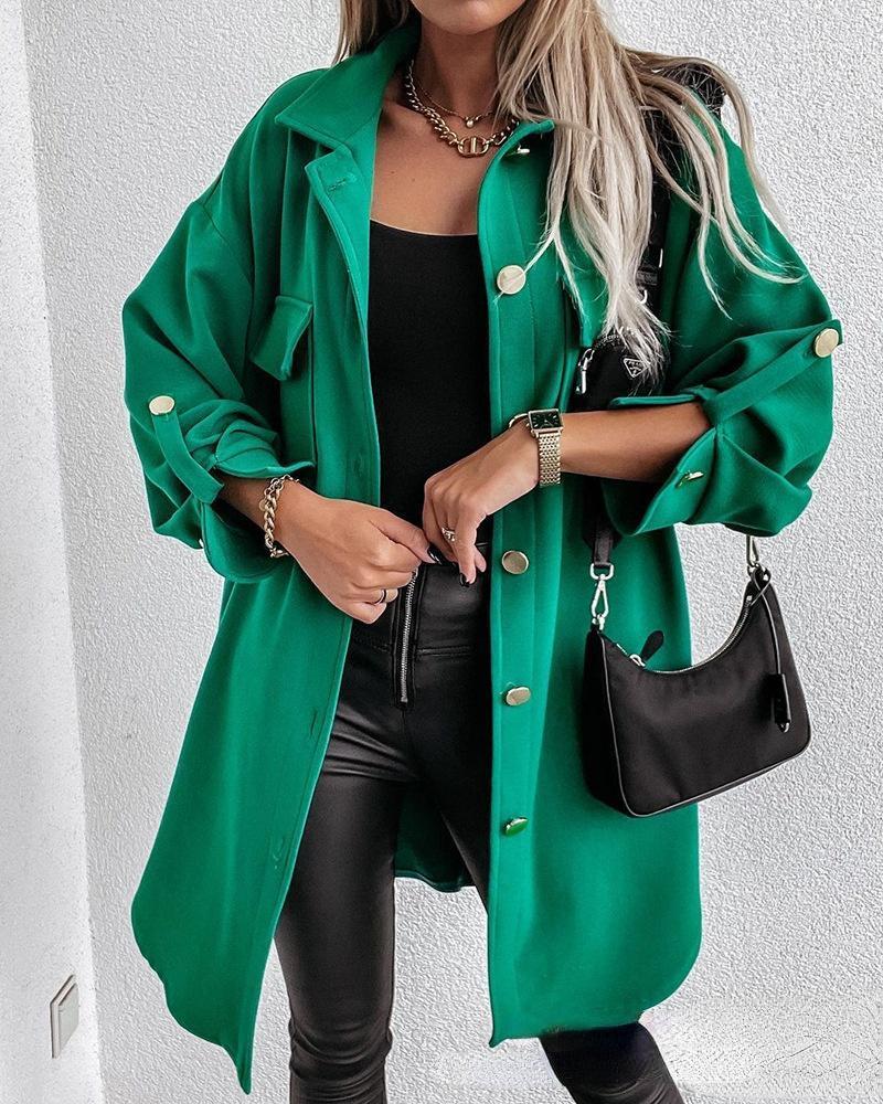 

Women' Wool & Blends 2021 Woolen Coat European And American Style Green Casual Solid Color Loose Coates