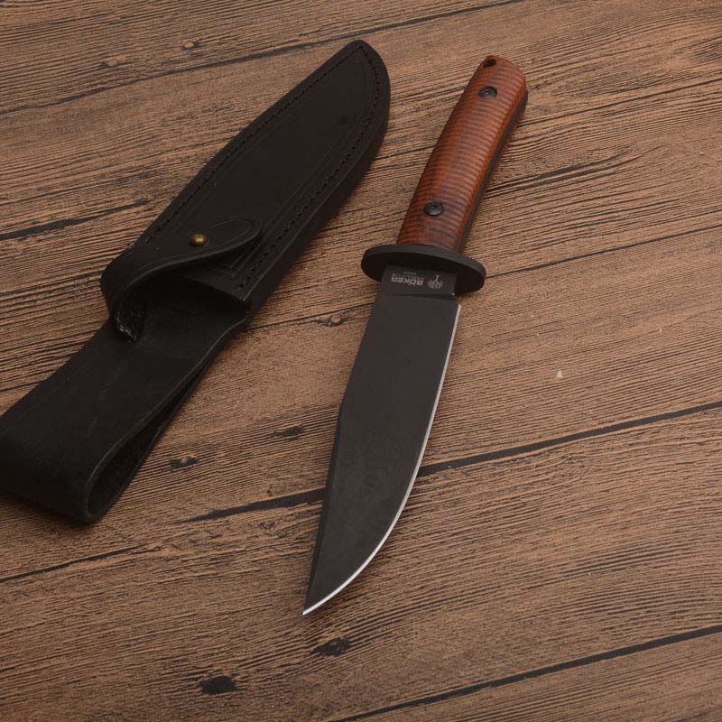 

High Quality Survival Straight Knife N695 Titanium Coated Drop Point Blade Full Tang Wood Handle Fixed Blade Knives With Leather Sheath